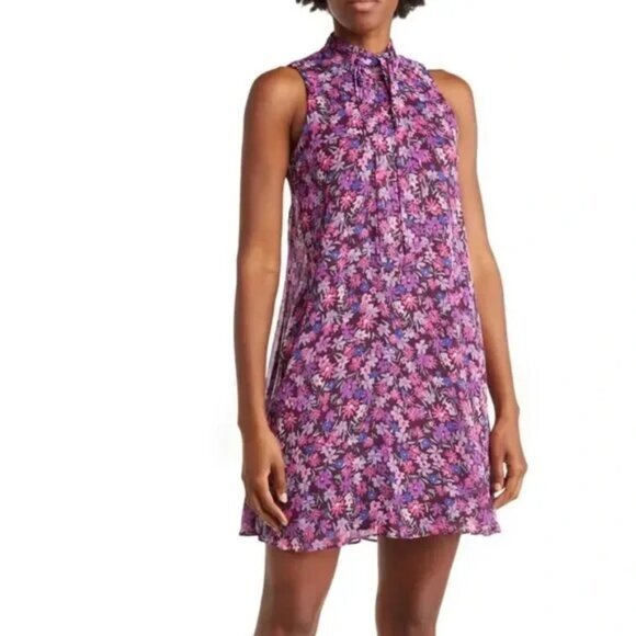 Calvin Klein Floral Tie Neck Sleeveless Trapeze Dress - Picture 1 of 10